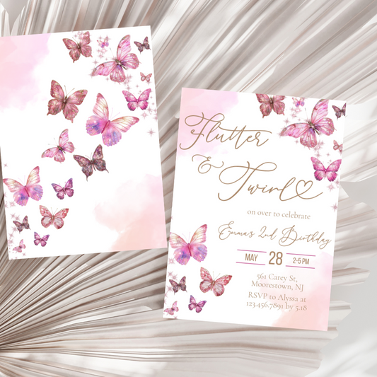 Enchanting Pink & Gold Glitter Butterfly Birthday Invitation