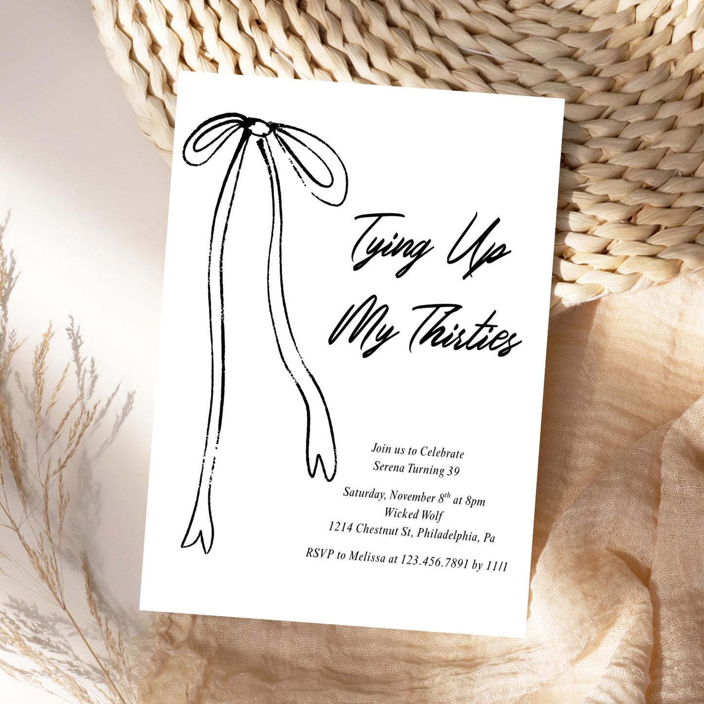 Black Bow Tying Up My Thirties Editable Birthday Invitation