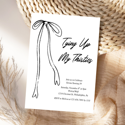 Black Bow Tying Up My Thirties Editable Birthday Invitation