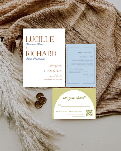 DAWN Retro Wedding Invitation Suite – Digital Download Bundle + BONUS Dinner Menu