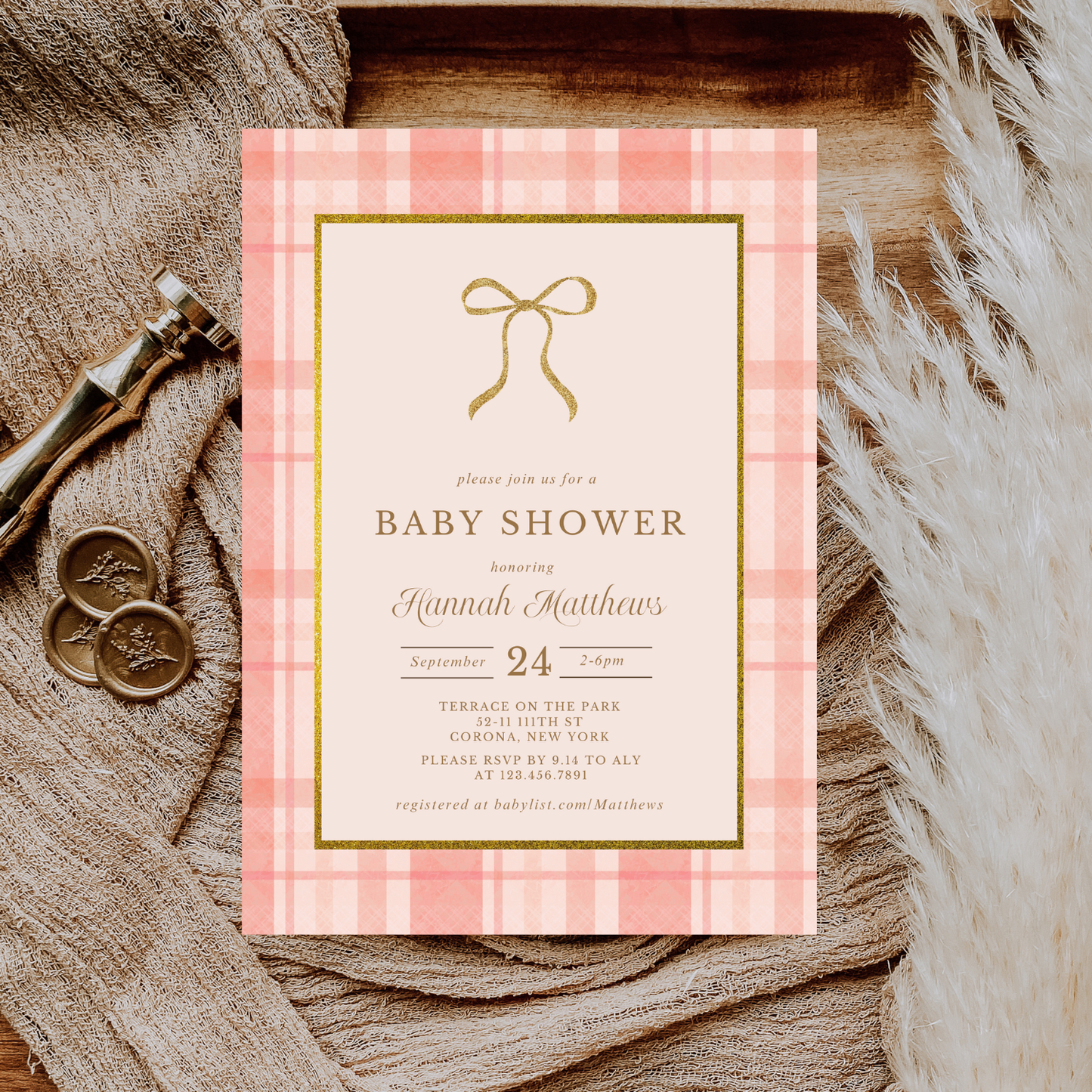 Preppy Gold and Pink Bow Baby Shower Invitation
