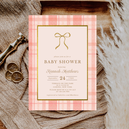 Preppy Gold and Pink Bow Baby Shower Invitation