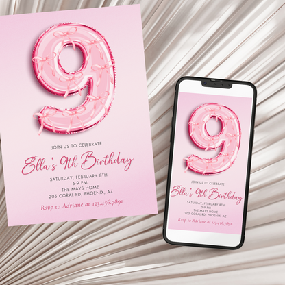 Pink Bow Balloon 9th Birthday Invitation Template