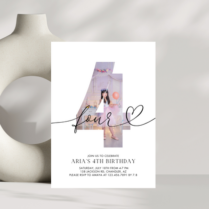 Minimalist Photo 4th Birthday Invitation Template | Digital Download