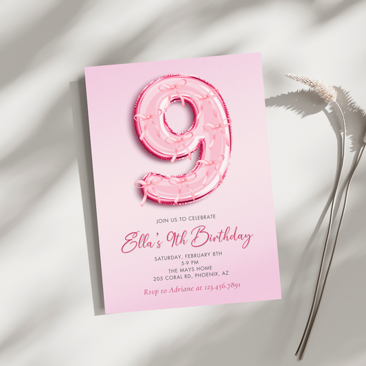 Pink Bow Balloon 9th Birthday Invitation Template