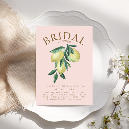 Watercolor Pink Lemon Bridal Shower Invitation | Digital Download