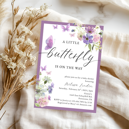 Watercolor Purple Butterfly Baby Shower Invitation