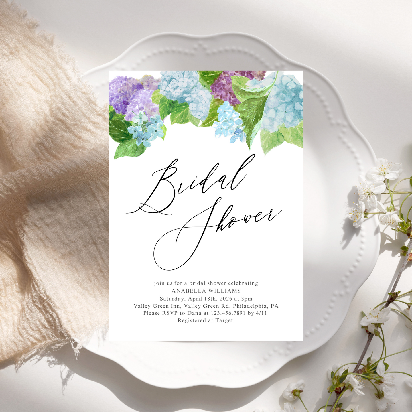 Watercolor Hydrangea Bridal Shower Invitation | Digital Download