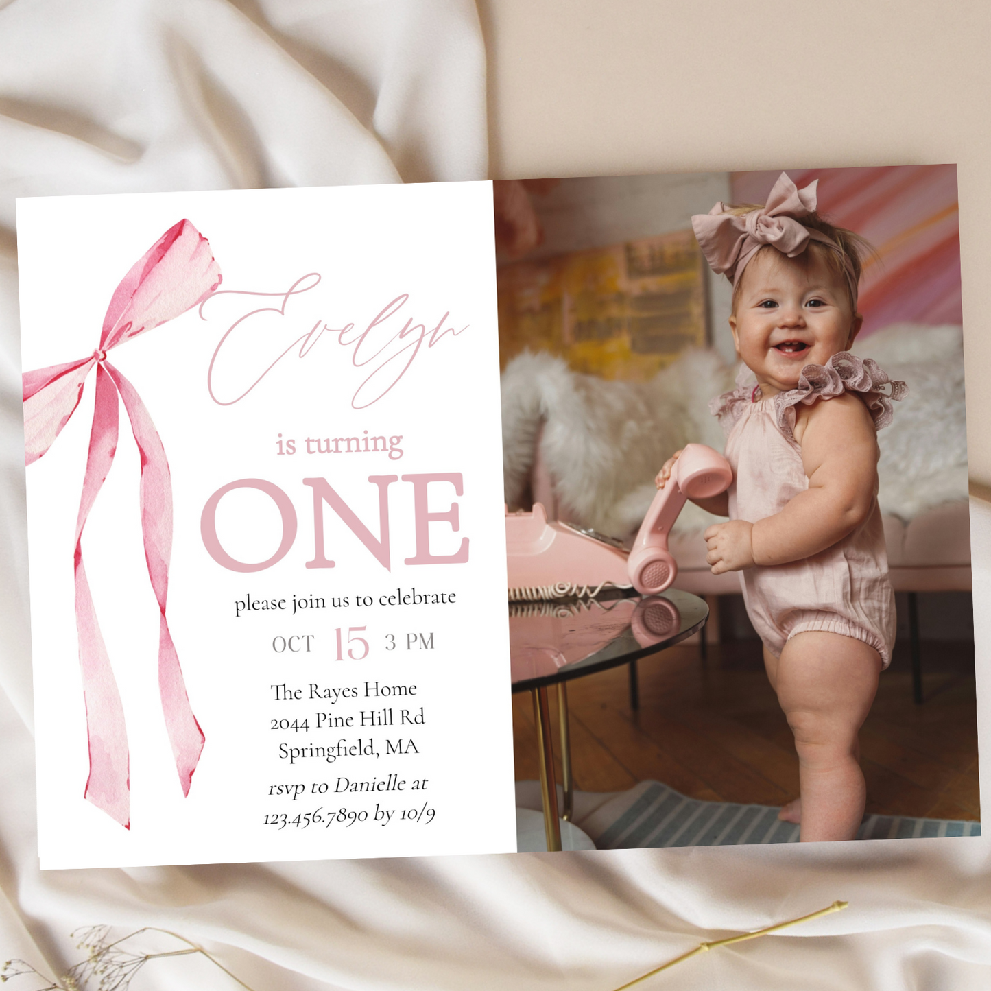 Pink Bow First Birthday Photo Invitation