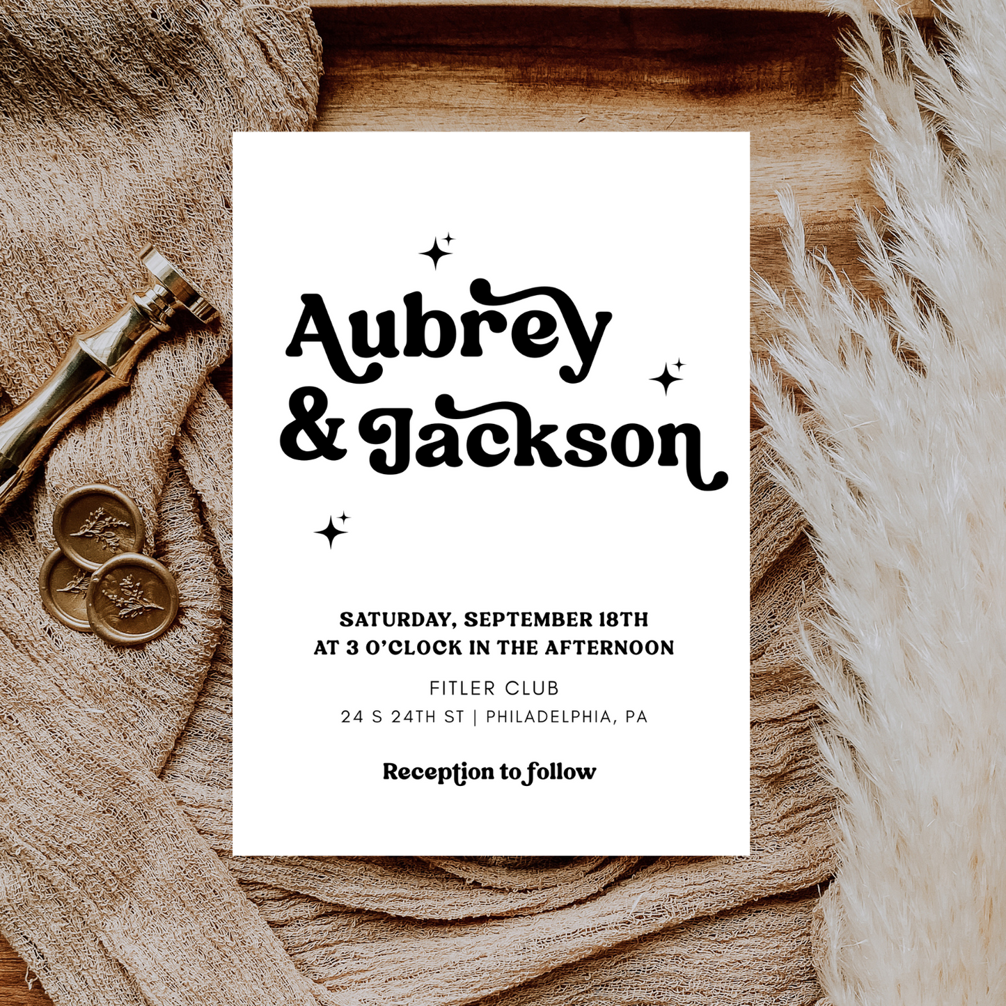 KATIE Retro Wedding Invitation Suite – Digital Download Bundle + BONUS Attire Card