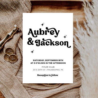 KATIE Retro Wedding Invitation Suite – Digital Download Bundle + BONUS Attire Card