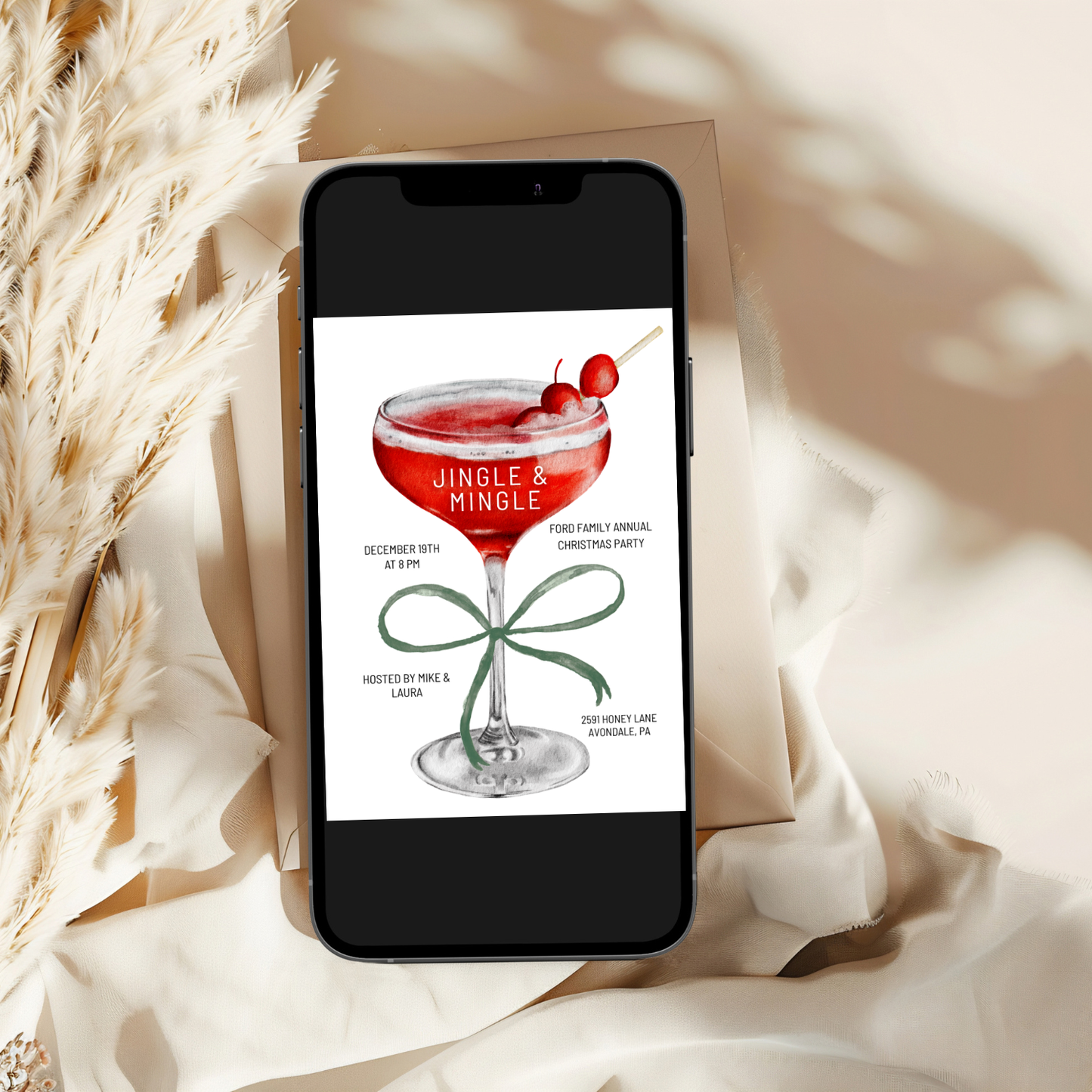 Watercolor Cocktail Christmas Party Editable Invitation