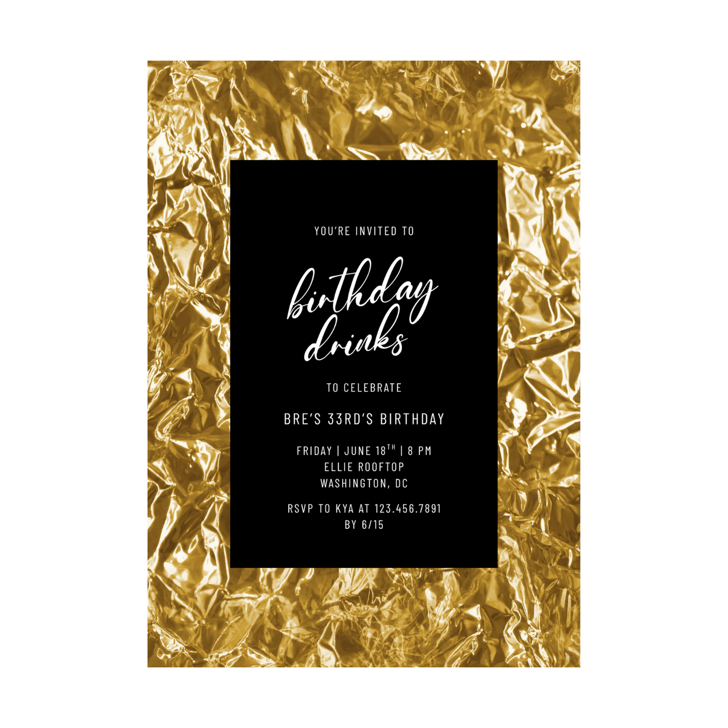 Gold Foil and Black Editable Birthday Invitation