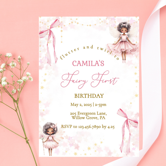 Whimsical African American Fairy First Birthday Invitation