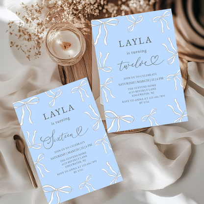 Elegant Blue Bow 12th Any Age Birthday Invitation