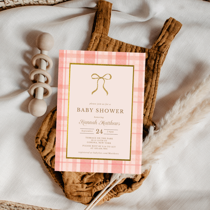 Preppy Gold and Pink Bow Baby Shower Invitation
