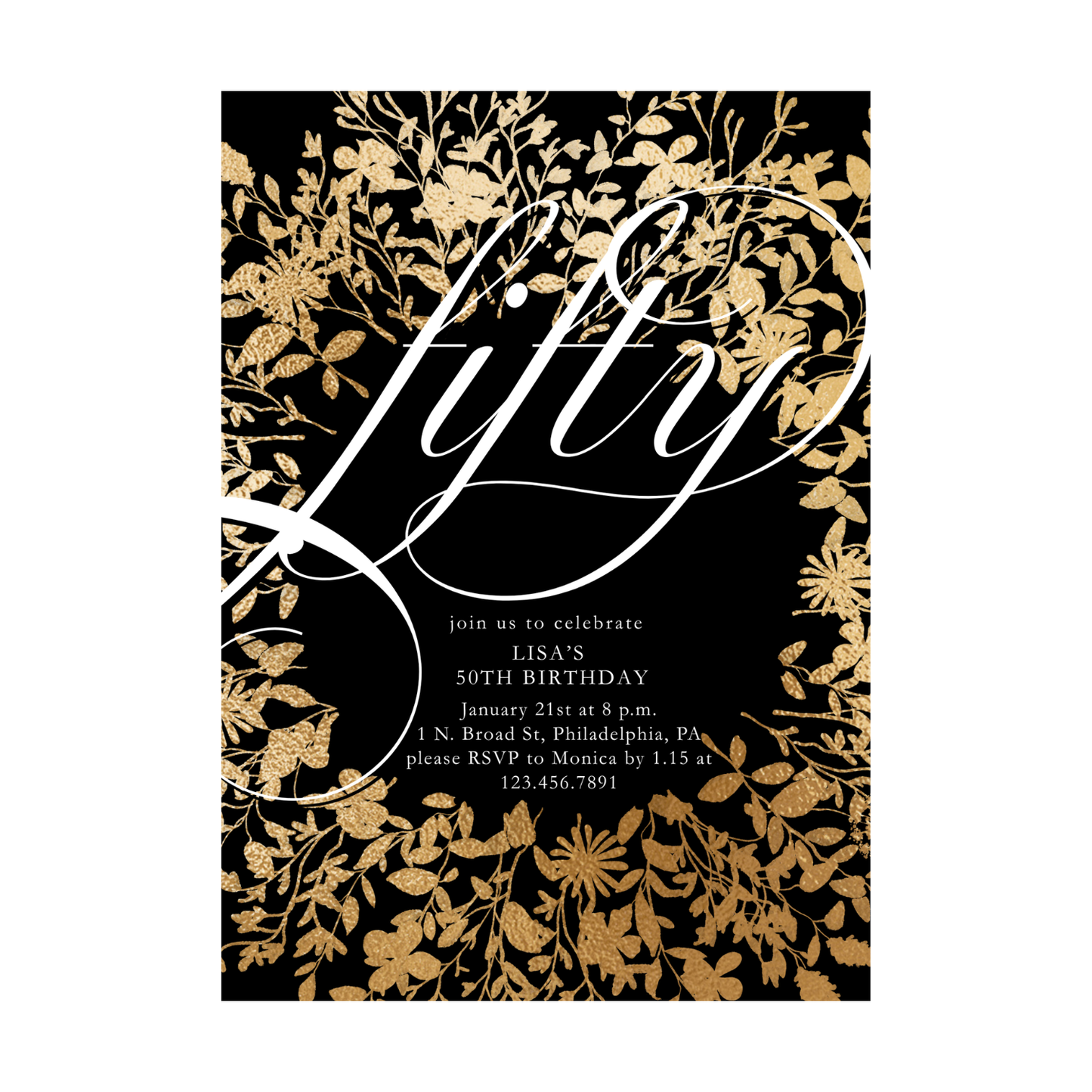 Gold Floral Fifty 50th Birthday Invitation