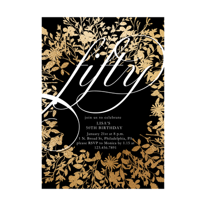 Gold Floral Fifty 50th Birthday Invitation