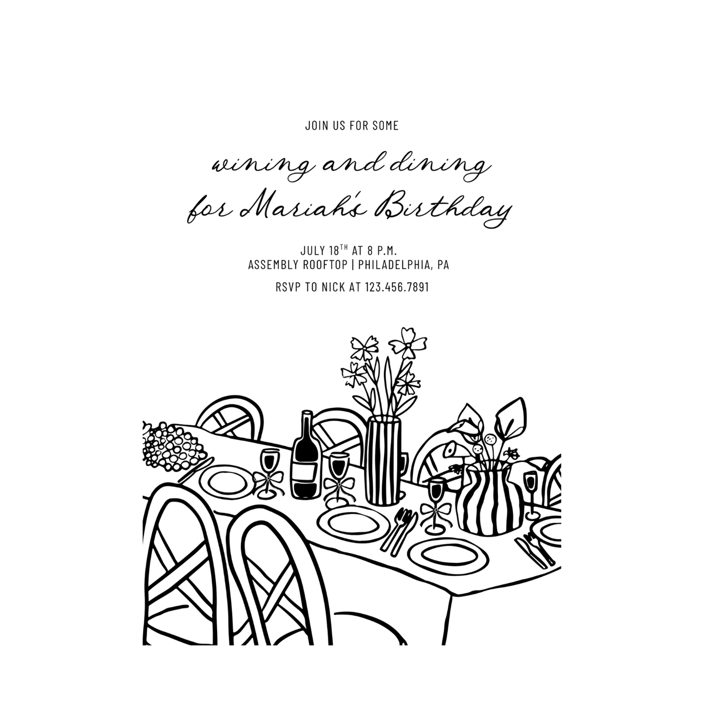 Hand-Drawn Wining and Dining Birthday Invitation