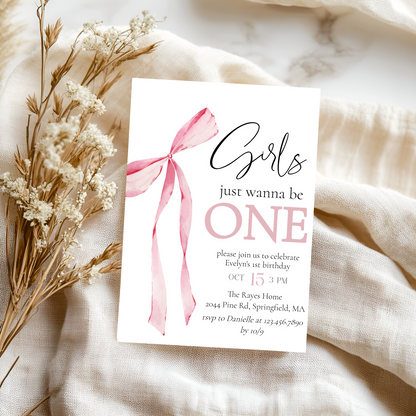 Girls Just Wanna Be One Pink Bow Birthday Invitation