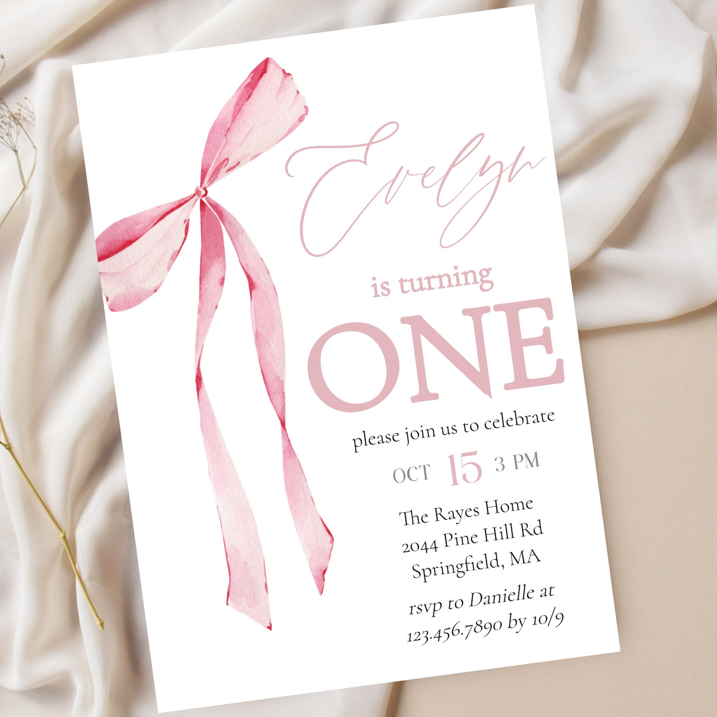 Pink Bow First Birthday Invitation