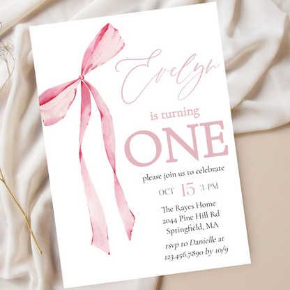 Pink Bow First Birthday Invitation