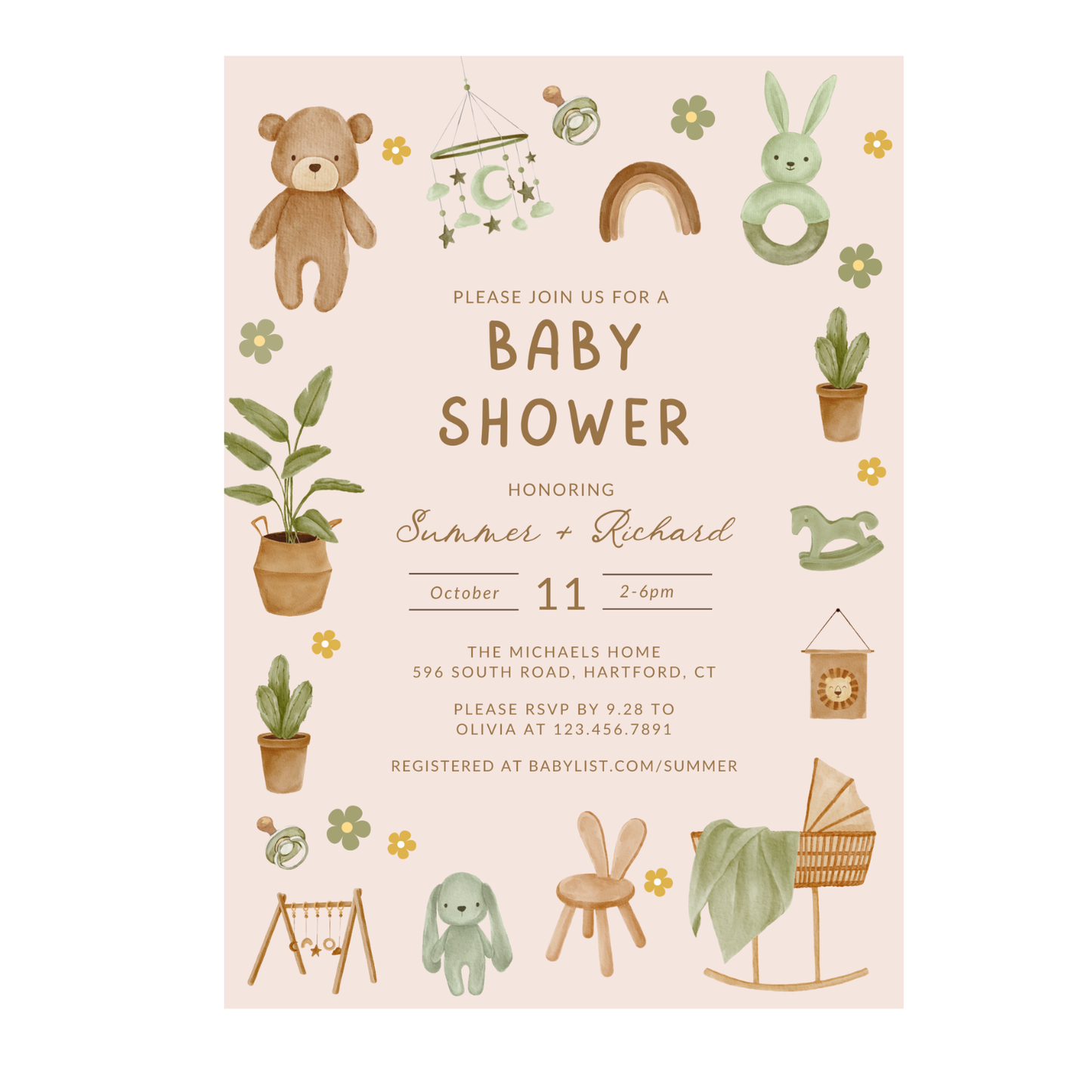 Watercolor Green Nest Baby Shower Invitation