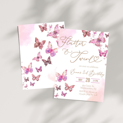 Enchanting Pink & Gold Glitter Butterfly Birthday Invitation