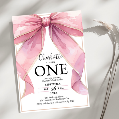 Posh Pink Coquette Bow Baby Girl 1st Birthday Invitation