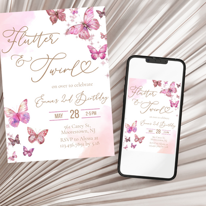 Enchanting Pink & Gold Glitter Butterfly Birthday Invitation