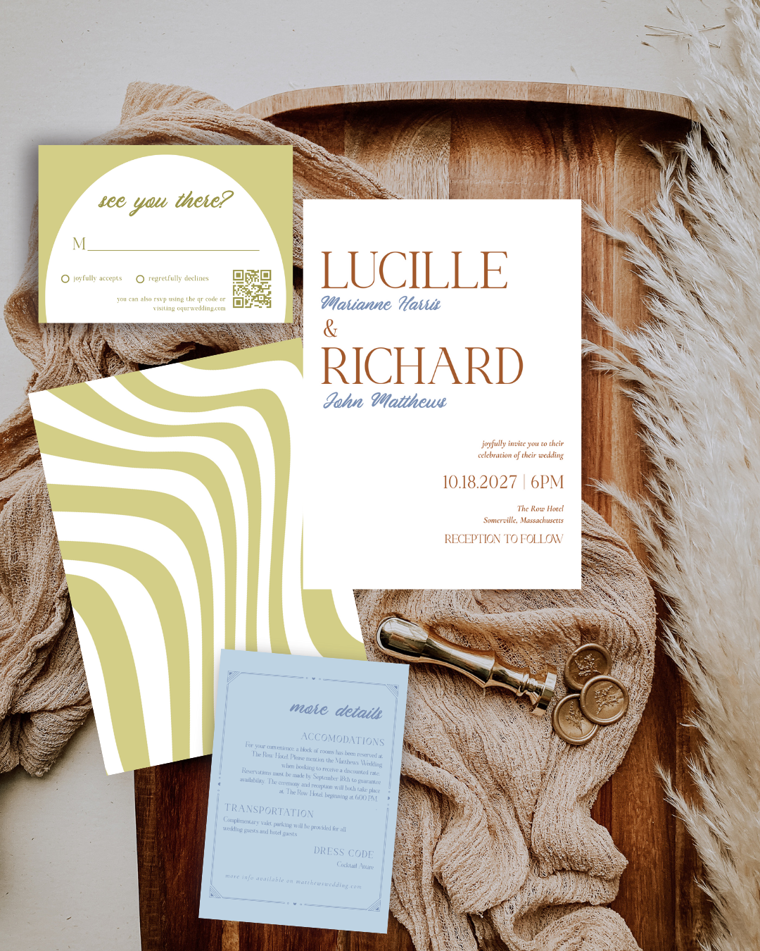 DAWN Retro Wedding Invitation Suite – Digital Download Bundle + BONUS Dinner Menu