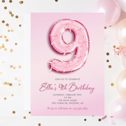 Pink Bow Balloon 9th Birthday Invitation Template