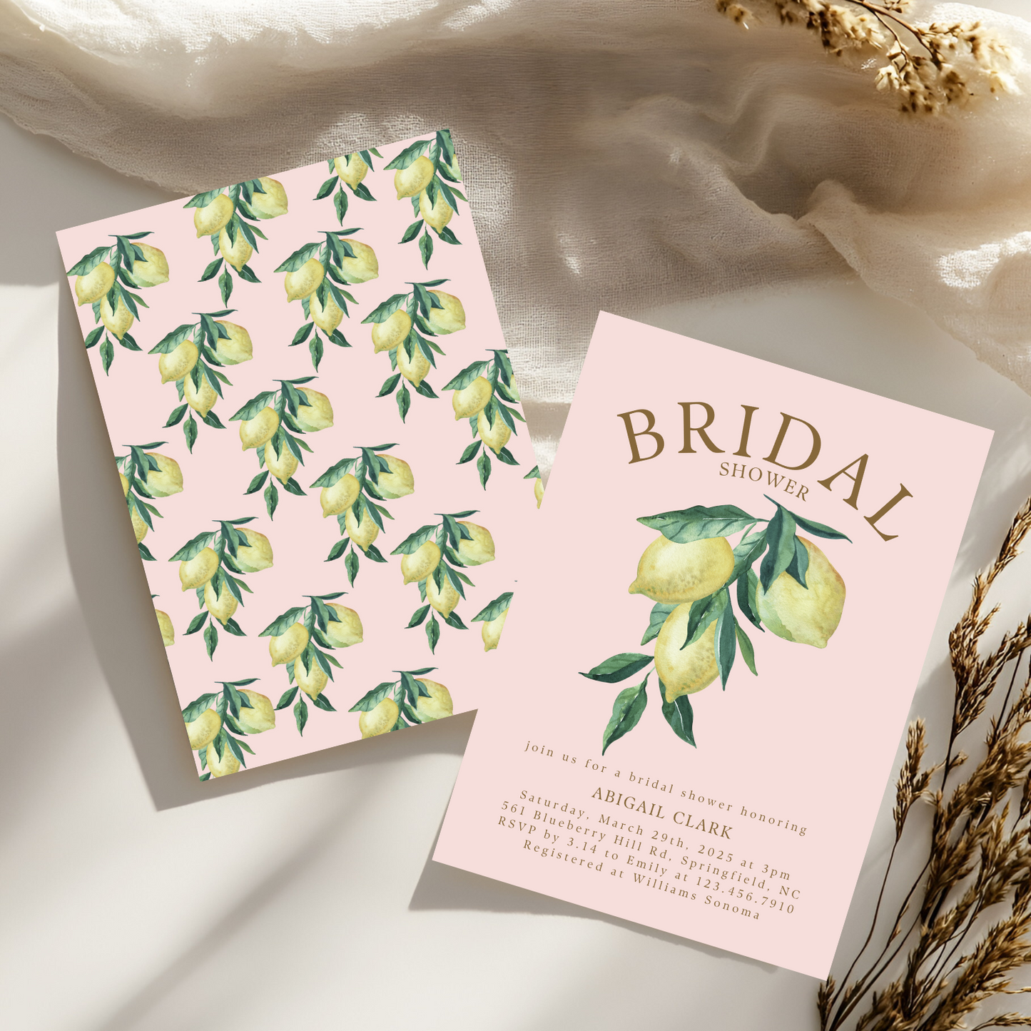 Watercolor Pink Lemon Bridal Shower Invitation | Digital Download