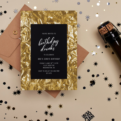 Gold Foil and Black Editable Birthday Invitation