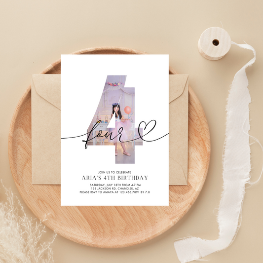 Minimalist Photo 4th Birthday Invitation Template | Digital Download