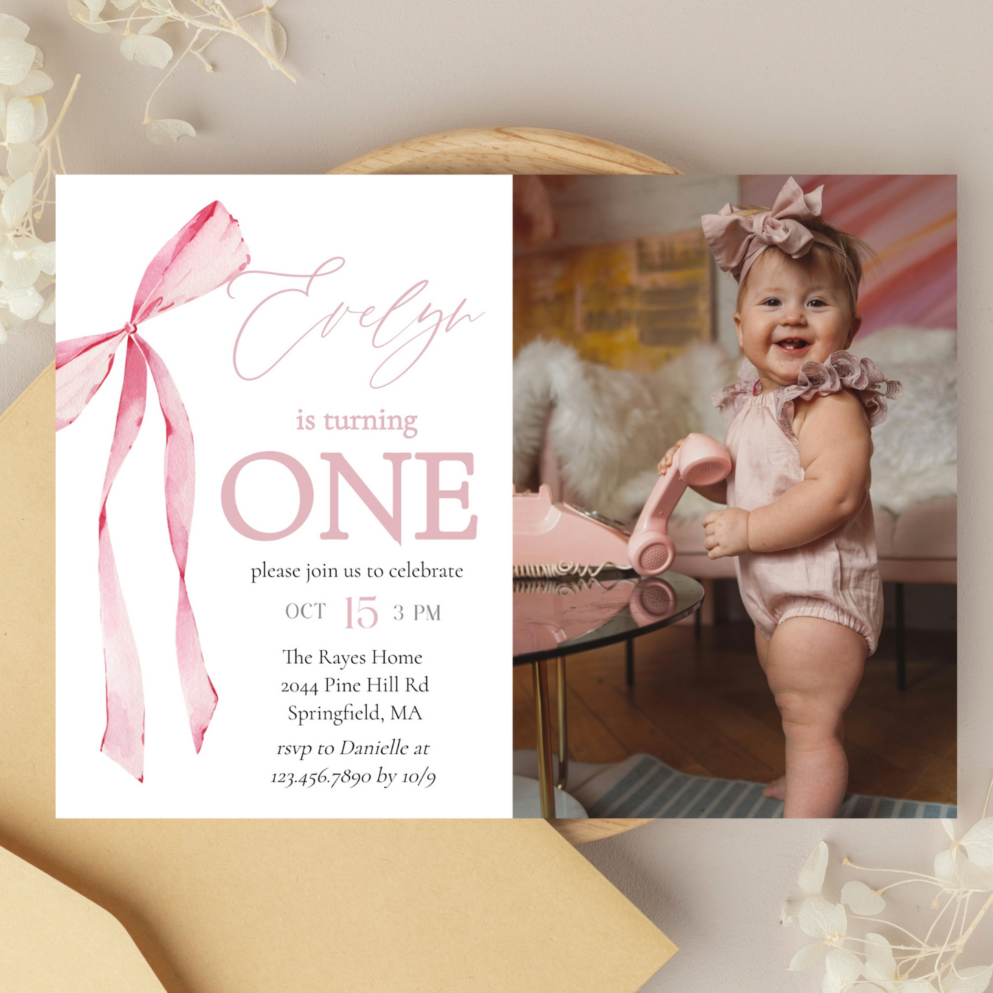 Pink Bow First Birthday Photo Invitation