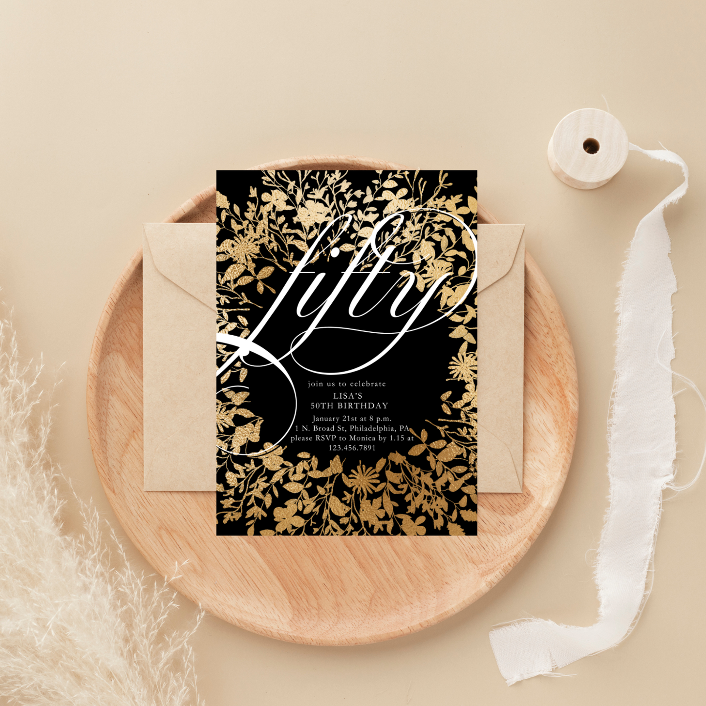 Gold Floral Fifty 50th Birthday Invitation