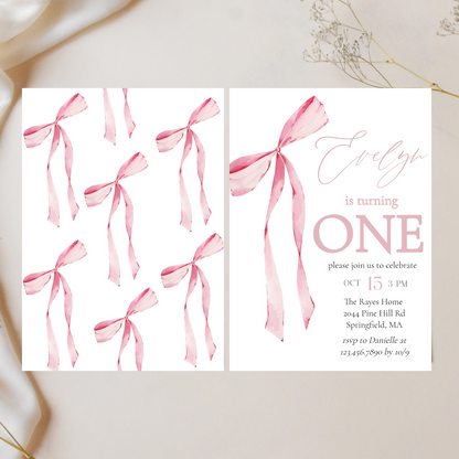Pink Bow First Birthday Invitation