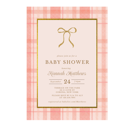 Preppy Gold and Pink Bow Baby Shower Invitation
