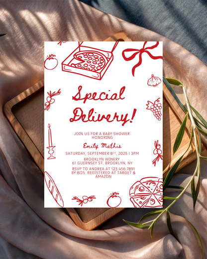 Special Delivery Pizza Baby Shower Invitation