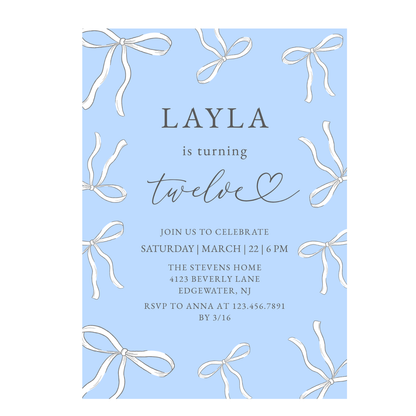 Elegant Blue Bow 12th Any Age Birthday Invitation