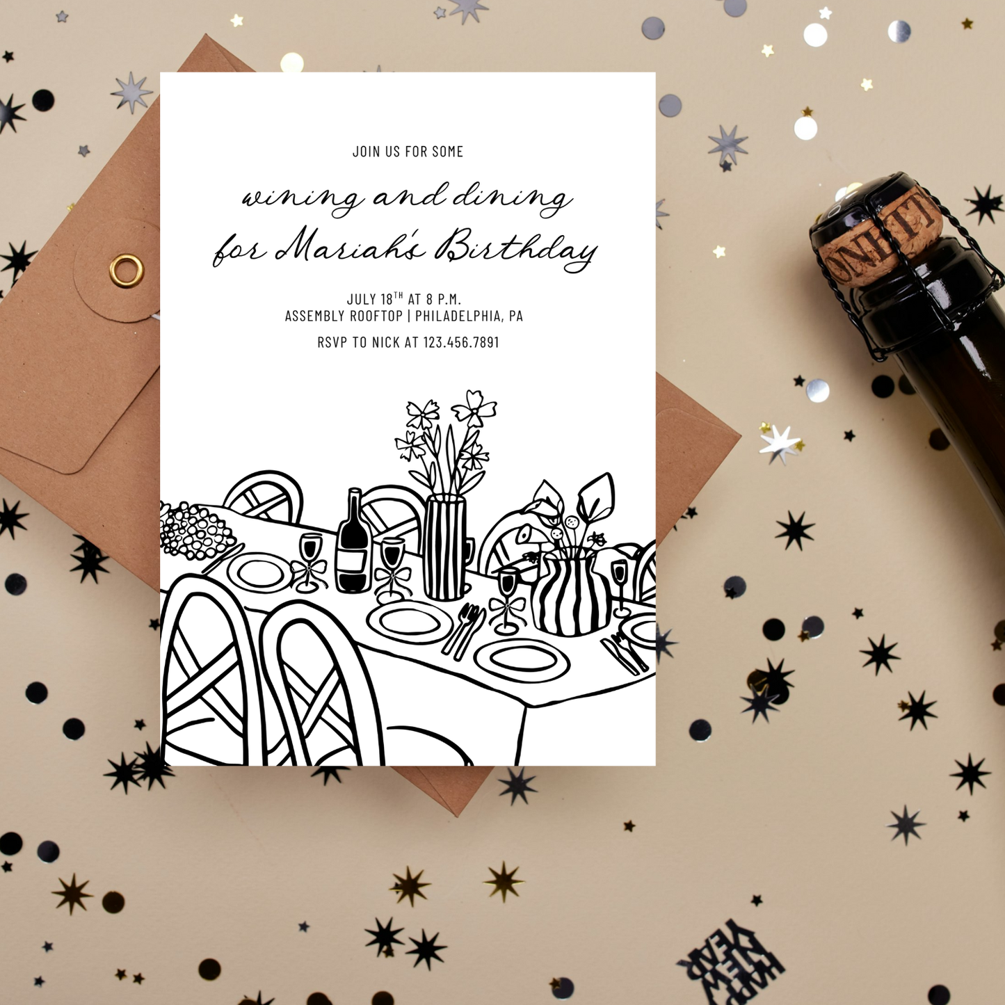 Hand-Drawn Wining and Dining Birthday Invitation