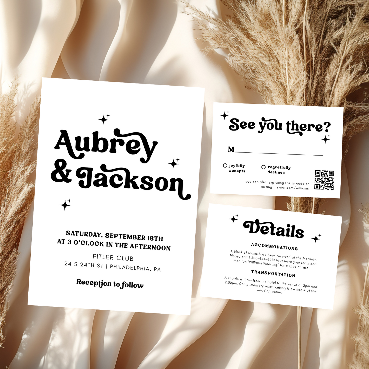 KATIE Retro Wedding Invitation Suite – Digital Download Bundle + BONUS Attire Card