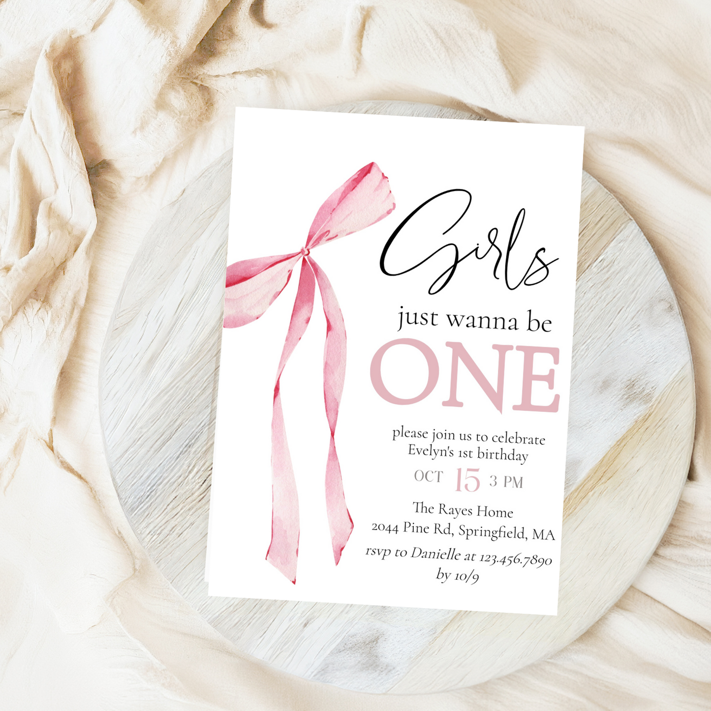 Girls Just Wanna Be One Pink Bow Birthday Invitation