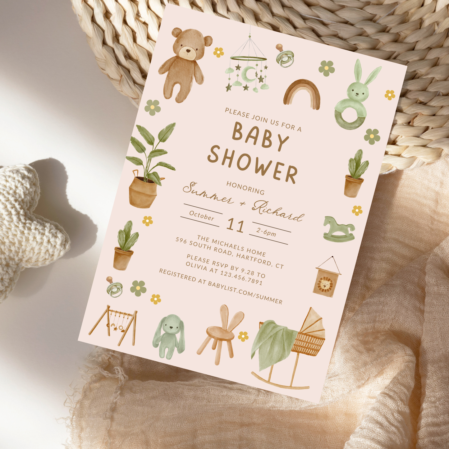 Watercolor Green Nest Baby Shower Invitation