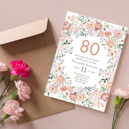 Watercolor Pink Floral 80th Birthday Invitation