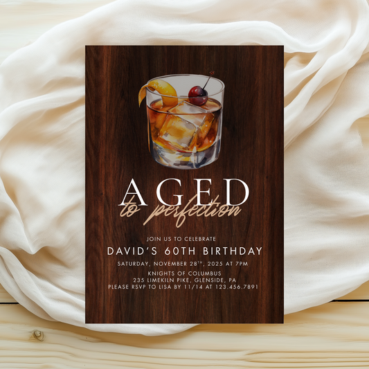 Rustic Whiskey Aged to Perfection Mens Birthday Invitation