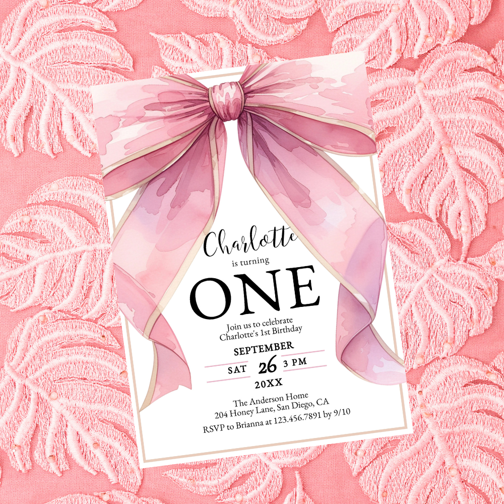 Posh Pink Coquette Bow Baby Girl 1st Birthday Invitation