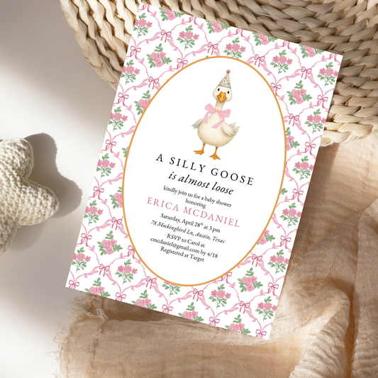 Pink Cottage Core Silly Goose Baby Shower Invitation