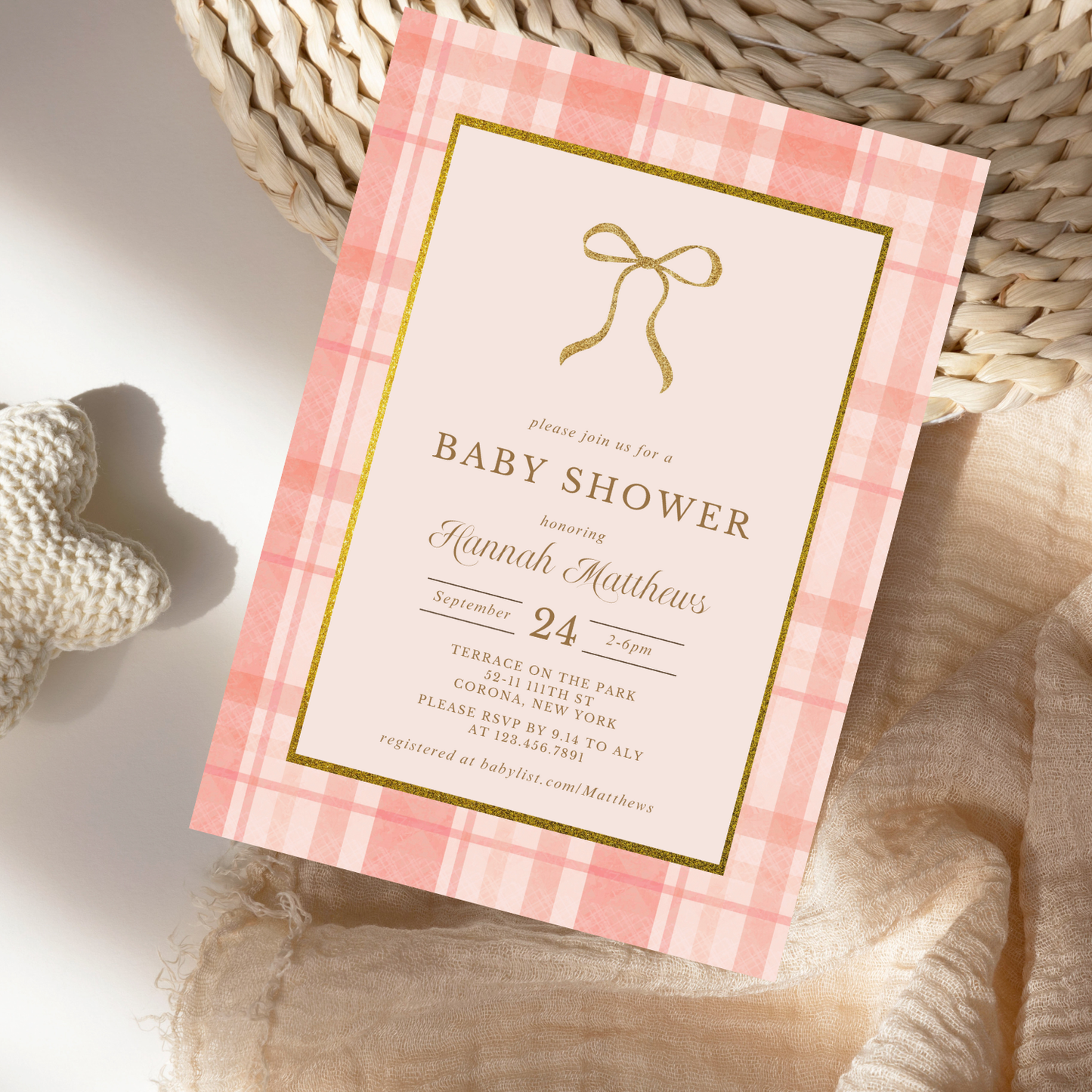 Preppy Gold and Pink Bow Baby Shower Invitation